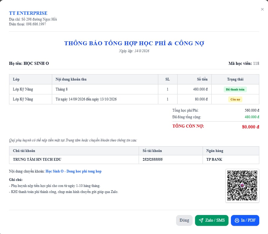 Xuất tổng hóa đơn, biên lai thu tiền dễ dàng